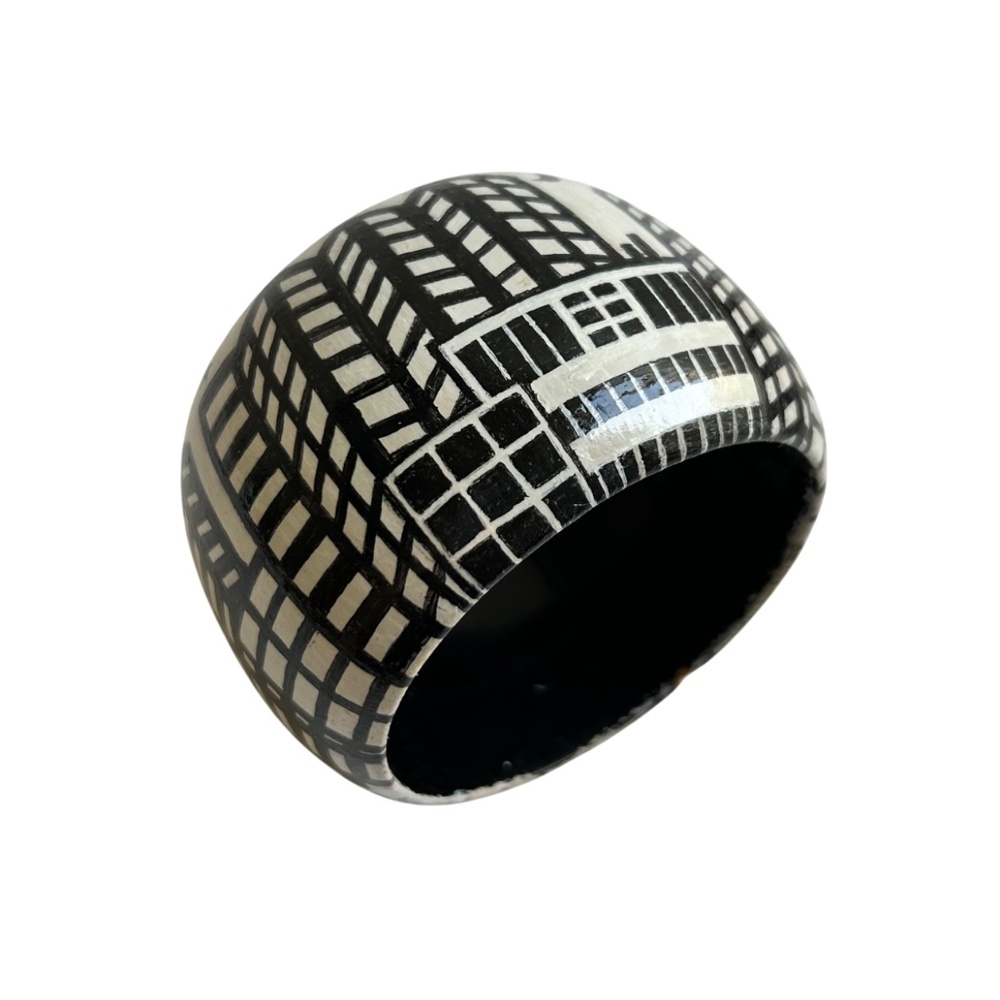 Vintage Cityscape Buildings Black and White Handpainted Wide Wood Bracelet - Picture 5 of 6